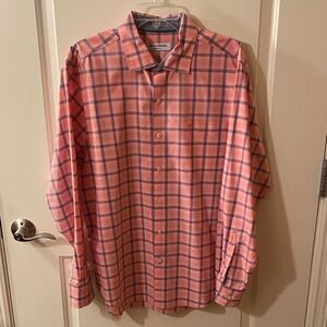 Tommy Bahama Men’s Coral and Navy Plaid Button Down Shirt